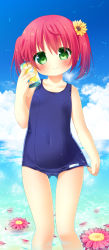 Rule 34 | 1girl, blue one-piece swimsuit, can, clothes pull, cloud, covered navel, day, drink can, flower, green eyes, hair flower, hair ornament, highres, long hair, natsuka (unagi-unagi-unagi), one-piece swimsuit, one-piece swimsuit pull, original, outdoors, red hair, school swimsuit, sky, smile, soda can, solo, swimsuit, thigh gap, twintails, water