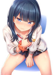 Rule 34 | 10s, 1girl, black hair, black skirt, blue eyes, blush, bow, bowtie, cardigan, chair, closed mouth, commentary request, contllenge, embarrassed, from above, gridman universe, highres, long hair, long sleeves, looking at viewer, microskirt, orange scrunchie, pleated skirt, red bow, red bowtie, school uniform, scrunchie, shirt, simple background, sitting, skirt, solo, ssss.gridman, sweat, takarada rikka, thighs, wavy mouth, white background, white cardigan, white shirt, wrist scrunchie