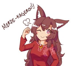 Rule 34 | 1girl, ;), puff of air, alternate costume, animal ear fluff, animal ears, blush stickers, breasts, brooch, brown hair, clenched hand, collarbone, commentary, english commentary, hair between eyes, hand up, imaizumi kagerou, jewelry, long hair, long sleeves, looking at viewer, medium breasts, one eye closed, red eyes, red shirt, shirt, simple background, smile, solo, touhou, upper body, white background, wolf ears, wool (miwol)