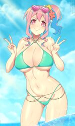 Rule 34 | 1girl, aqua bikini, bare shoulders, bikini, blue hair, blue sky, blush, breasts, closed mouth, cloud, collarbone, commentary, cowboy shot, double v, doyagao, earrings, english commentary, flower, gluteal fold, hair flower, hair ornament, hands up, heart, heart-shaped eyewear, highres, hoop earrings, horizon, hozuki kaede, jewelry, large breasts, leaning to the side, lindaroze, linea alba, long hair, looking at viewer, multicolored hair, navel, necklace, o-ring, ocean, onii-chan wa oshimai!, paid reward available, pink-tinted eyewear, pink eyes, pink hair, red flower, side ponytail, skindentation, sky, smug, solo, sunglasses, swimsuit, thighs, tinted eyewear, twitter username, two-tone hair, underboob, v, v-shaped eyebrows, wading, water, watermark, web address, white-framed eyewear, yellow flower