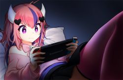 Rule 34 | 1girl, character name, commentary, commission, english commentary, hair ornament, handheld game console, heart, heart hair ornament, holding, holding handheld game console, horns, ironmouse, ironmouse (1st costume), looking down, lying, nintendo switch, on back, on bed, pink hair, playing games, pokey, pout, purple eyes, solo, two side up, virtual youtuber, vshojo, watermark