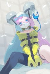Rule 34 | asymmetrical hair, asymmetrical legwear, bags under eyes, blue eyes, blue hair, bound, bound arms, commentary request, creatures (company), gag, gagged, game freak, highres, intravenous drip, iono (pokemon), multicolored hair, nintendo, padded walls, pink hair, pokemon, pokemon sv, raftetram, straitjacket, two-tone hair
