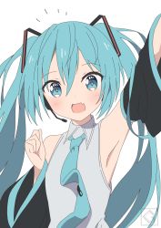 Rule 34 | 1girl, aqua eyes, aqua hair, aqua necktie, armpits, bare shoulders, blush, collared shirt, commentary request, cropped torso, detached sleeves, dress shirt, fang, giryu, grey shirt, hair between eyes, hatsune miku, headset, highres, long hair, looking at viewer, necktie, open mouth, shirt, skin fang, sleeveless, sleeveless shirt, smile, solo, tie clip, twintails, vocaloid, watermark, white background