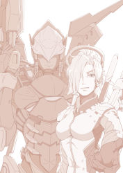 Rule 34 | 2girls, armor, bodysuit, braid, dark-skinned female, dark skin, facial tattoo, full armor, hair over one eye, hair tubes, halo, helmet, high ponytail, highres, holding, holding weapon, kino-w, kino (357652722), looking at viewer, mechanical halo, mechanical wings, mercy (overwatch), monochrome, multiple girls, outstretched arm, overwatch, overwatch 1, parted lips, pharah (overwatch), power armor, reaching, reaching towards viewer, sepia, side braids, simple background, smile, tattoo, weapon, white background, wings