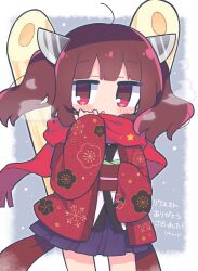 Rule 34 | 1girl, :o, absurdres, ahoge, blush, border, breath, brown hair, commentary request, commission, cowboy shot, floating hair, floral print, grey background, hand up, hanten (clothes), headgear, highres, japanese clothes, jitome, kimono, kiritanpo (food), long hair, long sleeves, looking at viewer, obi, obijime, outside border, oversized food, oversized object, pleated skirt, purple skirt, raised eyebrows, red eyes, red scarf, richard (richaball), sash, scarf, scarf pull, short kimono, simple background, skeb commission, skirt, snowing, solo, touhoku kiritan, twintails, voiceroid, white border, white kimono