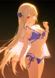 Rule 34 | 1girl, 95---, absurdres, bikini, blonde hair, bracelet, breasts, capelet, cleavage, closed mouth, commentary, flower, from side, gradient background, hair between eyes, hand up, heaven burns red, highres, jewelry, large breasts, long hair, looking at viewer, looking to the side, navel, purple bikini, red eyes, shirakawa yuina, side-tie bikini bottom, simple background, solo, swimsuit, very long hair, white capelet