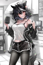 Rule 34 | 1girl, absurdres, animal ears, bad id, bad pixiv id, bare shoulders, black hair, black pantyhose, camisole, coffee maker, cup, hair ornament, highres, holding, holding cup, horse ears, horse girl, horse tail, jacket, kitasan black (umamusume), kitchen, long sleeves, minifridge, multicolored hair, navel, open clothes, open jacket, pantyhose, plant, potted plant, red eyes, ryuryu mt, short hair, short shorts, shorts, solo, streaked hair, tail, thighs, umamusume, white hair, window