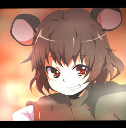 Rule 34 | 1girl, animal ears, bad id, bad pixiv id, female focus, grey hair, grin, letterboxed, mouse ears, mousegirl, nazrin, pun2, red eyes, short hair, smile, solo, touhou