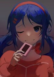 1girl blue_eyes blue_hair choker commentary game_cartridge grin hair_ornament hairband hairclip hand_up highres holding_game_cartridge kamwaao long_hair long_sleeves looking_at_viewer low_twintails miside mita_(miside) one_eye_closed portrait red_choker red_hairband red_sweater simple_background smile solo sweater twintails