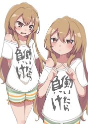 Rule 34 | 1girl, absurdres, aisaka taiga, arms behind back, blush, brown eyes, brown hair, closed mouth, clothes writing, commentary, cowboy shot, hair between eyes, hands up, highres, index fingers together, long hair, mooramango, multiple views, open mouth, shirt, short shorts, short sleeves, shorts, simple background, single bare shoulder, striped clothes, striped shorts, toradora!, trait connection, translation request, very long hair, white background, white shirt