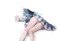 Rule 34 | ass, bare legs, blue dress, blue hair, bow, cirno, dress, fairy, from behind, hair bow, hair ornament, ice, ice wings, kneepits, lying, on side, panties, pantyshot, pinafore dress, reddizen, shirt, simple background, sleeveless dress, solo, tagme, thighs, touhou, transparent wings, underwear, upskirt, white background, white shirt, wings