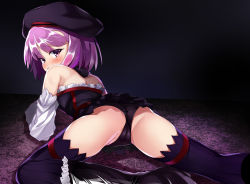 Rule 34 | 1girl, all fours, ass, bare shoulders, black thighhighs, blush, detached sleeves, fate/grand order, fate (series), from behind, hat, helena blavatsky (fate), highres, looking at viewer, looking back, purple eyes, purple hair, shimejinameko, short hair, solo, thighhighs