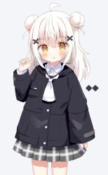 Rule 34 | 1girl, :p, ahoge, black jacket, blush, brown eyes, closed mouth, commentary request, double bun, grey background, grey skirt, hair between eyes, hair bun, hair ornament, hairclip, hand up, highres, hood, hood down, hooded jacket, jacket, looking at viewer, nakkar, original, plaid, plaid skirt, pleated skirt, signature, simple background, skirt, sleeves past wrists, smile, solo, standing, tongue, tongue out, white hair, x hair ornament