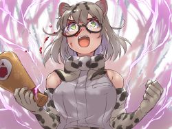 Rule 34 | 1girl, animal ear fluff, animal ears, bare shoulders, black-framed eyewear, blood, bow, bowtie, cat ears, clenched hand, elbow gloves, electricity, extra ears, fangs, glasses, gloves, green eyes, grey hair, highres, kemono friends, kemono friends 3, looking away, margay (kemono friends), margay print, megaphone, nosebleed, open mouth, print bow, print bowtie, print gloves, print neckwear, semi-rimless eyewear, shirt, short hair, sleeveless, sleeveless shirt, solo, tadano magu, under-rim eyewear, upper body, white shirt