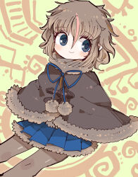 Rule 34 | 1girl, absurdres, blue skirt, brown hair, brown pantyhose, brown poncho, closed mouth, fur collar, fur trim, hair between eyes, highres, kanmoku-san, kemono friends, looking at viewer, medium hair, miniskirt, multicolored hair, neck ribbon, north island brown kiwi (kemono friends), pantyhose, pleated skirt, pointy ears, pom pom (clothes), poncho, red hair, ribbon, skirt, smile, solo, streaked hair, two-tone hair