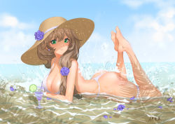 Rule 34 | 1girl, absurdres, ai dongdong, bad anatomy, bad id, bad pixiv id, bare arms, bare legs, barefoot, bikini, breasts, brown hair, cleavage, closed mouth, commentary request, cup, artistic error, feet up, flower, from side, genshin impact, green eyes, hair between eyes, hair flower, hair ornament, highres, large breasts, lisa (genshin impact), long hair, looking at viewer, lying, on stomach, outdoors, partially submerged, petals, purple flower, purple rose, rose, signature, smile, solo, swimsuit, the pose, thigh strap, tropical drink, water, white bikini, wrong foot