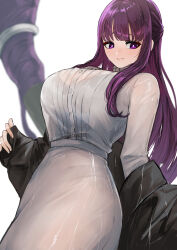 Rule 34 | 1girl, :t, absurdres, black robe, blunt bangs, blush, bra visible through clothes, breasts, commentary request, dress, fern (sousou no frieren), from below, furrowed brow, half updo, highres, large breasts, looking down, mage staff, nekotokage, off shoulder, pout, purple eyes, purple hair, robe, see-through, solo, sousou no frieren, straight hair, wet, wet clothes, white dress