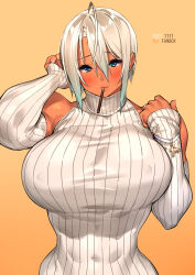Rule 34 | 1girl, 2023, 23 (real xxiii), absurdres, ahoge, blonde hair, blue eyes, blush, breasts, covered erect nipples, dark-skinned female, dark skin, dated, detached sleeves, english text, female focus, food, food in mouth, hair between eyes, highres, huge breasts, jewelry, looking at viewer, medium hair, mouth hold, muscular, muscular female, original, pocky, pocky day, pocky in mouth, ribbed sweater, ring, sela (23), solo, sweater, wedding ring, white sweater, wristband