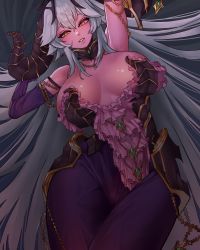 Rule 34 | 1girl, absurdres, asymmetrical hair, bare shoulders, breasts, colored skin, demon girl, demon horns, demon queen lilith, dress, gem, grin, guardian tales, hair ornament, highres, horns, large breasts, long hair, looking at viewer, manjin512, purple skin, silver hair, smile, solo, yellow eyes