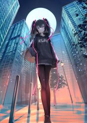 Rule 34 | 1girl, black footwear, black hair, black hoodie, black pantyhose, building, closed mouth, commentary, cross-laced footwear, drawstring, earrings, from below, full moon, hair ribbon, hand in pocket, highres, hood, hood down, hoodie, jewelry, lamppost, long hair, looking at viewer, moon, night, original, outdoors, pantyhose, pink eyes, pink ribbon, ribbon, sleeves past fingers, sleeves past wrists, solo, standing, symbol-only commentary, tree, two side up, xyunx