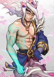 Rule 34 | 1boy, abs, absurdres, beard, clothing request, cloud print, collarbone, facial hair, gradient background, grey hair, highres, holding, holding sword, holding weapon, jewelry, league of legends, long hair, long sleeves, male focus, necklace, official alternate costume, pants, ponytail, single bare shoulder, solo, spirit blossom yasuo, sword, weapon, wei miao, yasuo (league of legends)