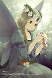 Rule 34 | 1girl, absurdres, blonde hair, braid, butterfly wings, closed mouth, cowboy shot, dress, fairy, fairy wings, flower, furu, green dress, green wings, head wreath, highres, insect wings, juliet sleeves, long hair, long sleeves, looking down, mavka, page number, pink flower, pointy ears, puffy sleeves, ragnarok online, scan, side braid, sitting, solo, third-party source, translation request, white flower, wings, yellow eyes