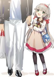 Rule 34 | 1boy, 1girl, ahoge, alternate costume, bag, beige shirt, beige skirt, black pantyhose, bow, commentary request, full body, gift, green eyes, grey hair, hair bow, hairband, handbag, head out of frame, height difference, holding hands, kantai collection, long hair, long sleeves, looking up, low twintails, mikura (kancolle), one-hour drawing challenge, open mouth, pantyhose, red bow, red hairband, round teeth, simple background, smile, teeth, twintails, upper teeth only, white background, yamashichi (mtseven)