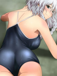 Rule 34 | 1girl, alternate costume, ass, back, backboob, blue eyes, blue one-piece swimsuit, blurry, blurry background, blush, braid, breasts, closed mouth, commentary, competition school swimsuit, from above, from behind, frown, hair between eyes, izayoi sakuya, large breasts, looking at viewer, lying, medium hair, on stomach, one-piece swimsuit, school swimsuit, side braids, silver hair, skin tight, solo, swimsuit, touhou, twin braids, wet, wet clothes, wet swimsuit, yadokari genpachirou