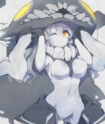 Rule 34 | 10s, 1girl, abyssal ship, bad id, bad pixiv id, bodysuit, cape, gloves, kantai collection, long hair, looking at viewer, pale skin, personification, pokoten (pokoten718), silver hair, solo, wo-class aircraft carrier, yellow eyes