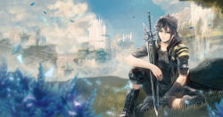 Rule 34 | 1boy, akebono48, black hair, black jacket, boots, castle, cloud, final fantasy, final fantasy xv, floating island, flower, gloves, grass, highres, jacket, jewelry, male focus, noctis lucis caelum, petals, ring, single glove, sitting, smile, solo, sword, weapon