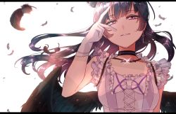 Rule 34 | 10s, 1girl, bad id, bad pixiv id, black feathers, black wings, blue hair, blunt bangs, choker, commentary request, dress, feathers, gloves, hair bun, letterboxed, long hair, looking at viewer, love live!, love live! school idol festival, love live! sunshine!!, niro (sikabanekurui), parted lips, purple eyes, simple background, single hair bun, solo, tsushima yoshiko, white background, white gloves, wings