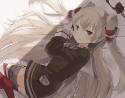 Rule 34 | 10s, 1girl, amatsukaze (kancolle), bad id, bad pixiv id, brown dress, brown eyes, dress, gloves, hair tubes, kantai collection, long hair, long sleeves, lying, neckerchief, on side, red thighhighs, sailor collar, sailor dress, silver hair, single glove, solo, striped clothes, striped thighhighs, thighhighs, two side up, unworn headwear, white gloves, yuzumochi
