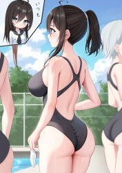 Rule 34 | 3girls, absurdres, ass, bare arms, bare shoulders, black one-piece swimsuit, blue eyes, blush, breasts, chain-link fence, day, fence, from behind, hair between eyes, highres, holding, large breasts, looking at viewer, medium hair, multiple girls, nagi aoi, one-piece swimsuit, original, outdoors, ponytail, pool, school uniform, serafuku, shirt, short hair, swim cap, swimsuit, thighs, unworn swim cap, white hair, white shirt