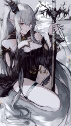 Rule 34 | 1girl, absurdly long hair, absurdres, arknights, black one-piece swimsuit, casual one-piece swimsuit, demon horns, food, grey hair, hair spread out, highres, holding, holding staff, horns, infection monitor (arknights), kebab, long hair, official alternate costume, one-piece swimsuit, pointy ears, ribbed swimsuit, shining (arknights), shining (silent night) (arknights), staff, swimsuit, swimsuit cover-up, thigh strap, very long hair, yuki flourish
