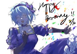 Rule 34 | 1girl, black gloves, blue bow, blue choker, blue dress, blue flower, blue hair, blue hairband, bow, choker, claire elford, closed eyes, collarbone, dated, dress, elbow gloves, flower, frilled choker, frills, gloves, hair between eyes, hair bow, hairband, hand on own chest, happy birthday, highres, open mouth, puffy short sleeves, puffy sleeves, rijixyu, short hair, short sleeves, smile, solo, teeth, twitter username, upper teeth only, white background, witch&#039;s heart
