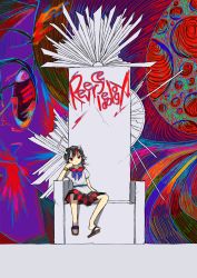 Rule 34 | 1girl, abstract background, arrow (symbol), black hair, blue neckwear, hanging legs, head rest, highres, horns, kijin seija, looking to the side, multicolored hair, neruzou, sandals, shirt, short hair, short sleeves, sitting, skirt, solo, throne, touhou, white shirt