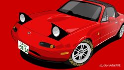 Rule 34 | artist name, car, convertible, eunos roadster, headlight, highres, kaiware, license plate, motor vehicle, no humans, original, red background, red car, sports car, vehicle focus