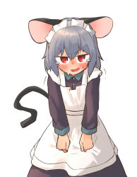 Rule 34 | 1girl, absurdres, alternate costume, animal ears, apron, blush, commentary request, cowboy shot, dress, enmaided, flat chest, floppy ears, greenpiecerice, grey dress, grey hair, hair between eyes, highres, leaning forward, long sleeves, looking at viewer, maid, maid headdress, medium bangs, mouse ears, mouse girl, mouse tail, nazrin, open mouth, red eyes, short hair, simple background, solo, tail, tearing up, touhou, trembling, v-shaped eyebrows, white apron, white background