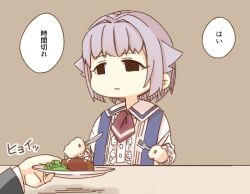 Rule 34 | 1girl, 1other, brown background, center frills, closed mouth, collared shirt, food, fork, frilled sleeves, frills, grey hair, hair flaps, hair intakes, holding, holding fork, holding knife, holding plate, idolmaster, idolmaster cinderella girls, idolmaster cinderella girls starlight stage, knife, koshimizu sachiko, long sleeves, out of frame, plate, puffy long sleeves, puffy sleeves, shirt, simple background, solo focus, suspenders, translation request, upper body, white shirt, yukie (kusaka shi)