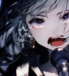 Rule 34 | 1girl, bad id, bad pixiv id, blurry, blurry background, close-up, commentary, earrings, flower (vocaloid), highres, jewelry, karanagare, looking at viewer, microphone, music, open mouth, portrait, purple eyes, singing, solo, tears, vocaloid, white hair