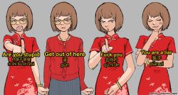 Rule 34 | 1girl, anger vein, angry, animal print, bird print, bob cut, brown hair, china dress, chinese clothes, chinese text, dress, english text, floral print, glasses, highres, insulting viewer, original, pantsu-ripper, patreon username, pinyin text, pointing, pointing at viewer, profanity, red dress, red sweater, short hair, sweater