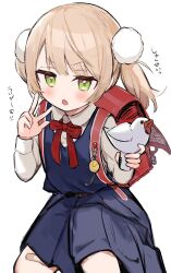 Rule 34 | 1girl, backpack, bag, bandaid, bandaid on knee, bandaid on leg, blonde hair, blue dress, blue skirt, blunt bangs, blush, collared shirt, commentary, dot nose, dress, green eyes, hair ornament, hands up, highres, holding, indie virtual youtuber, long sleeves, looking at viewer, neku01n, open mouth, pleated skirt, pom pom (clothes), pom pom hair ornament, randoseru, red bag, school bag, school uniform, shigure ui (vtuber), shigure ui (young) (vtuber), shirt, simple background, skirt, twintails, v-shaped eyebrows, virtual youtuber, white background, white shirt