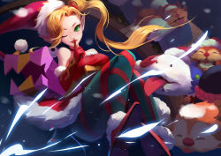 Rule 34 | 1girl, absurdres, ambitious elf jinx, blonde hair, boots, bow, choker, christmas, christmas tree, gloves, hat, highres, jinx (league of legends), league of legends, lipstick, long hair, makeup, pointy ears, ribbon, santa hat, skirt, thighhighs, wink