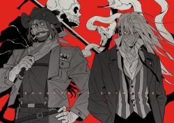 Rule 34 | 2boys, animal, armored core, armored core 6, bandana around neck, beard, belt, cigarette, coldcall (armored core), collared shirt, cowboy shot, facial hair, greyscale with colored background, hand on own hip, hand up, hands in pockets, hat, highres, holding, holding knife, jacket, knife, la bo chu shi, long hair, long sleeves, male focus, mouth hold, multiple boys, mustache, pants, red background, red eyes, scar, scar on face, shirt, short hair, skull, smile, snake, spot color, sulla (armored core), suspenders