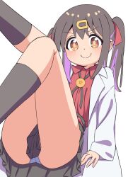 Rule 34 | 1girl, black hair, black skirt, black socks, bolo tie, brown eyes, c:, coat, commentary, feet out of frame, godyuurei, hair ornament, hairclip, highres, kneehighs, lab coat, legs up, long hair, long sleeves, looking at viewer, multicolored hair, onii-chan wa oshimai!, open clothes, open coat, oyama mihari, panties, pantyshot, pleated skirt, purple hair, red shirt, shirt, simple background, skirt, smile, socks, solo, streaked hair, twintails, two-tone hair, underwear, white background, white panties, wing collar
