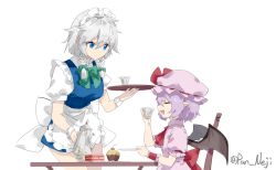 Rule 34 | 2girls, apron, blue dress, blue eyes, bow, bowtie, braid, cake, cake slice, chair, commentary request, cup, cupcake, dress, food, green bow, green bowtie, hair bow, hat, holding, holding cup, holding saucer, holding tray, izayoi sakuya, maid, maid apron, maid headdress, mob cap, multiple girls, nejikyuu, pink headwear, pointy ears, puffy short sleeves, puffy sleeves, purple dress, purple hair, remilia scarlet, saucer, short hair, short sleeves, simple background, sitting, standing, table, teacup, teapot, touhou, tray, twin braids, twitter username, white apron, white background, white hair, white sleeves, wings, wrist cuffs