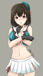 Rule 34 | 1girl, alternate costume, bare shoulders, beret, black gloves, blush, breasts, brown hair, cosplay, cowboy shot, crop top, female focus, fuuma nagi, gloves, grey background, haguro (kancolle), hair ornament, hairclip, hat, kantai collection, large breasts, looking at viewer, maya (kancolle), maya (kancolle) (cosplay), midriff, mini hat, miniskirt, open mouth, pleated skirt, remodel (kantai collection), short hair, simple background, skirt, solo, tears, white skirt