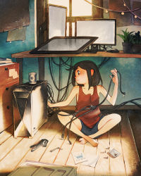 Rule 34 | 1girl, arm up, bag, bare arms, bare legs, bare shoulders, barefoot, black eyes, black hair, blue shorts, book, cable, chest of drawers, closed mouth, collarbone, commentary, computer, cpu, crossed ankles, denim, denim shorts, desk, drawer, drawing tablet, english commentary, floor, flower pot, from side, full body, hand up, highres, holding, holding cable, indian style, indoors, instruction manual, loaded interior, looking to the side, medium hair, monitor, mouse (computer), note, on floor, original, outstretched arm, paper, plant, plastic bag, potted plant, profile, red tank top, room, roomscape, screw, shade, shorts, simz, sitting, sleeveless, smile, solo, string of light bulbs, succulent plant, tank top, toes, tomboy, usb, vignetting, window, wooden floor