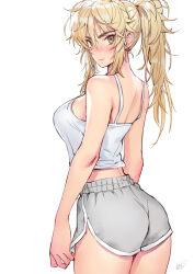 Rule 34 | 1girl, ass, blonde hair, camisole, cowboy shot, dolphin shorts, fate (series), grey shorts, highres, long hair, looking at viewer, matsuda (matsukichi), messy hair, mordred (fate), original, ponytail, short shorts, shorts, simple background, smile, solo, spaghetti strap, standing, white background