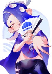 Rule 34 | absurdres, asymmetrical hair, bazumi, cephalopod eyes, chest sarashi, earrings, hair ornament, hand fan, highres, jewelry, looking at viewer, nintendo, octoling, octoling player character, pointy ears, pointy hair, poncho, sarashi, see-through, shiver (splatoon), smile, splatoon (series), splatoon 3, suction cups, tentacle hair